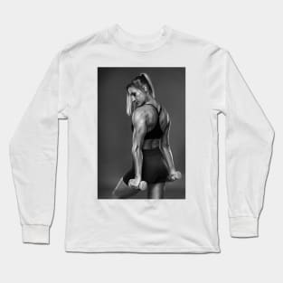 Female bodybuilder working out, black and white Long Sleeve T-Shirt